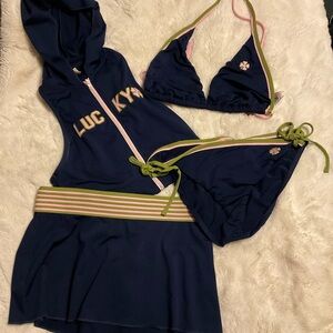 Lucky Brand Navy and Pink Bikini Set with Cover-Up